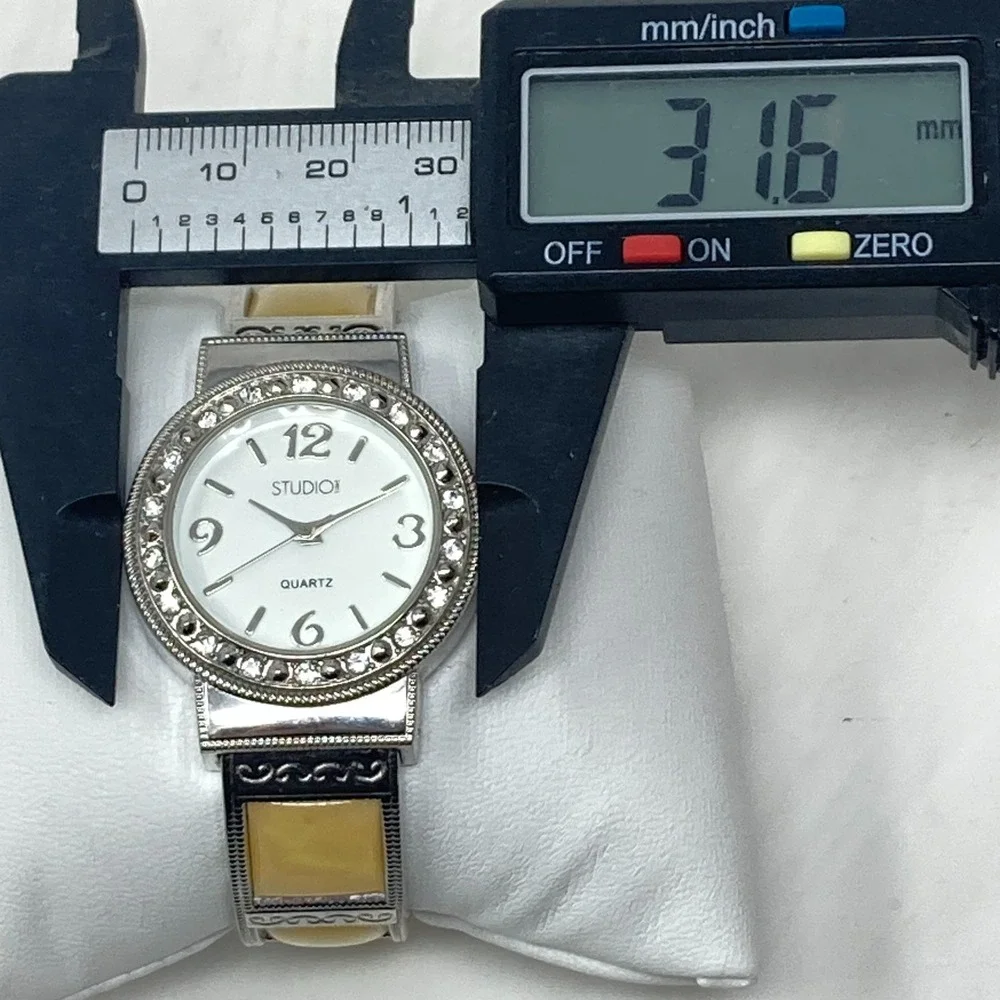 Studio Time Watch Women 32mm Silver Tone Yellow MOP Inlay Cuff Bling New Battery